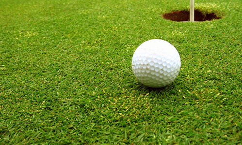 close of of golf ball on green grass next to a hole